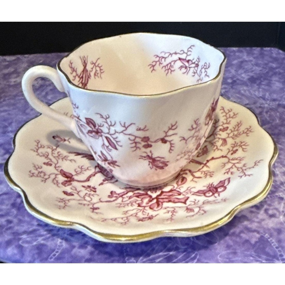 Coalport England Cairo Tea Cup Saucer Gold Trim‎ Pink Birds Bugs Floral Vintage